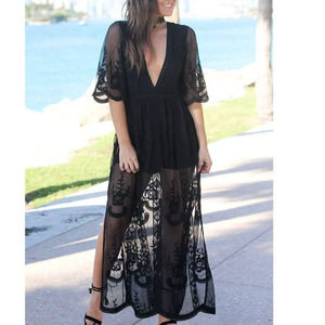 Eleter Maxi Dress Romper MEDIUM Black Plunging Neck Lace Short Sleeve Modern